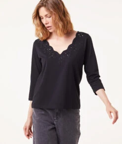 T-Shirt Mit Langen Ärmeln Und Durchbrochenen Details SCHWARZ 9 T-Shirt Mit Langen Ärmeln Und Durchbrochenen Details SCHWARZ -Jane Kleidung Geschaft 653791505 c