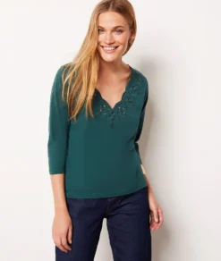 T-Shirt Mit 3/4-Ärmeln Und Gestickten Details GRÜN -Jane Kleidung Geschaft 653791546 c