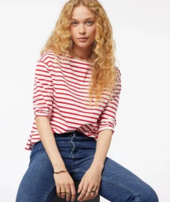 Gestreiftes T-Shirt Mit 3/4-Ärmeln Und Aus 100 % Baumwolle ROT