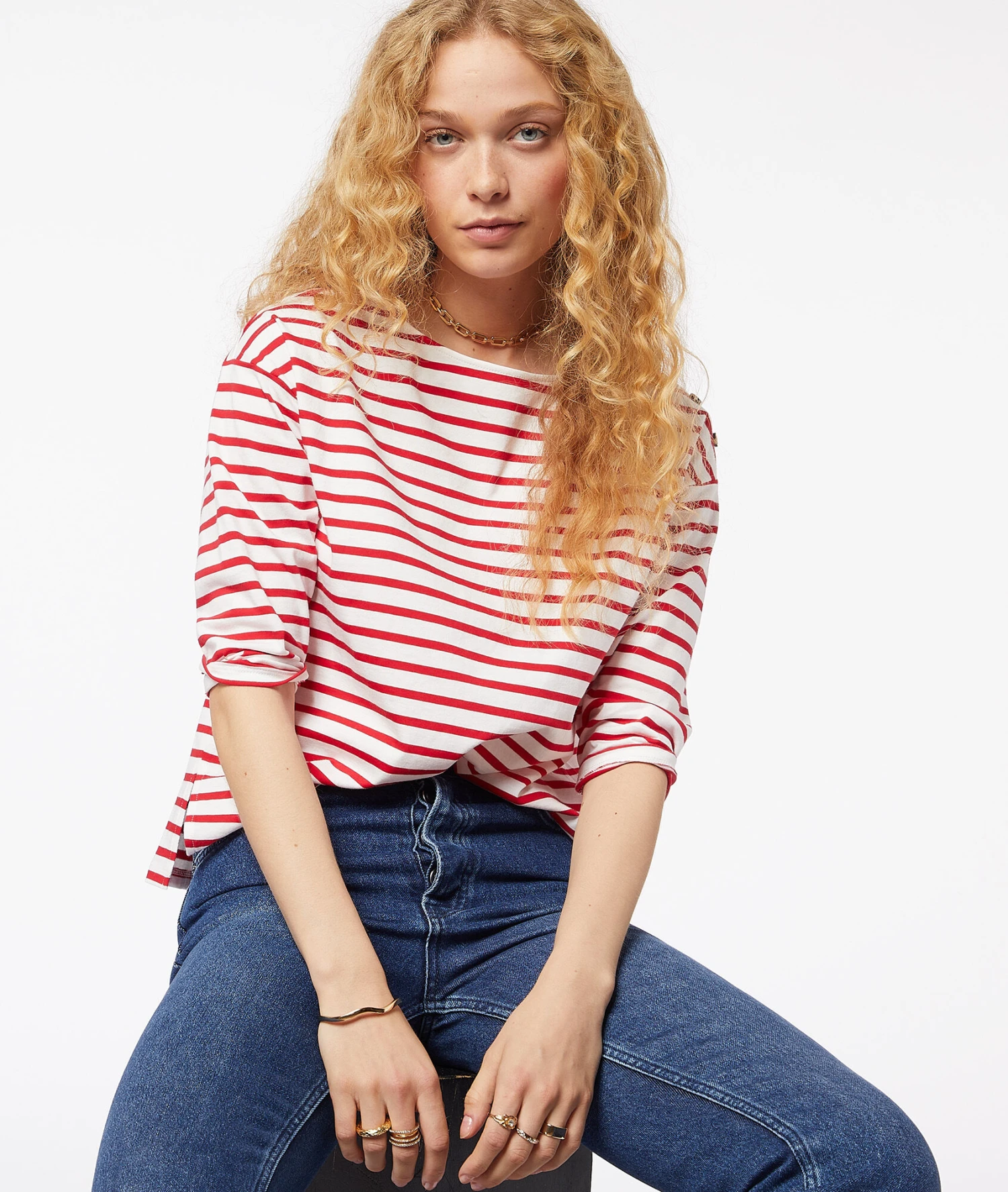 Gestreiftes T-Shirt Mit 3/4-Ärmeln Und Aus 100 % Baumwolle ROT 1 Gestreiftes T-Shirt Mit 3/4-Ärmeln Und Aus 100 % Baumwolle ROT