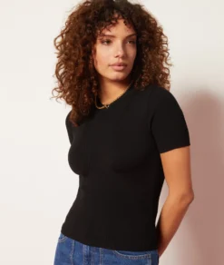 T-Shirt Mit Kurzen Ärmeln Aus Feinem Strick SCHWARZ -Jane Kleidung Geschaft 653869805 b