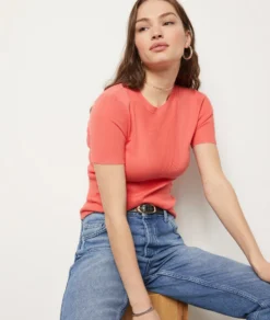 T-Shirt Mit Kurzen Ärmeln Aus Feinem Strick KORALLE -Jane Kleidung Geschaft 653869862 c