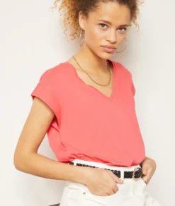 T-Shirt Mit V-Ausschnitt Aus 100 % Baumwolle ROSA