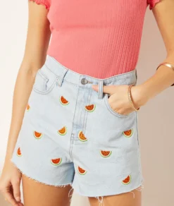 Clover Shorts Aus Jeansstoff Stickerei-Details, 100 % Baumwolle HIMMELBLAU