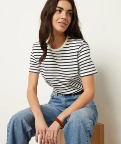 Gestreiftes T-Shirt Mit Kurzen Ärmeln WEISS