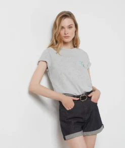 T-Shirt Mit V-Ausschnitt Und Kurzen Ärmeln, 100 % Baumwolle GRAU