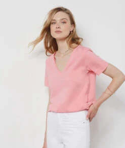 T-Shirt Mit V-Ausschnitt Und Kurzen Ärmeln, 100 % Baumwolle ROSA -Jane Kleidung Geschaft 654072194 6