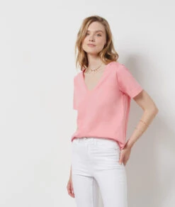 T-Shirt Mit V-Ausschnitt Und Kurzen Ärmeln, 100 % Baumwolle ROSA -Jane Kleidung Geschaft 654072194 c