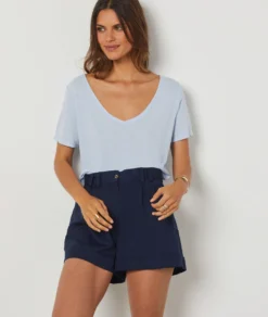 T-shirt Manches Courtes En Lin Mélangé BLEU CIEL -Jane Kleidung Geschaft 654075126 c
