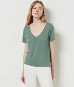 T-shirt Manches Courtes En Lin Mélangé KAKI -Jane Kleidung Geschaft 654075144 c