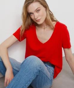 T-Shirt Mit Kurzen Ärmeln Aus Leinenmischgewebe ROT