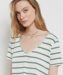 Gestreiftes T-Shirt Aus Leinenmischgewebe KHAKI -Jane Kleidung Geschaft 654091544 b