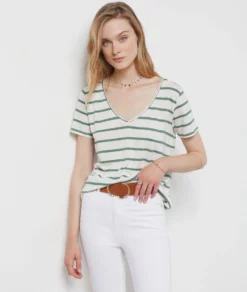 Gestreiftes T-Shirt Aus Leinenmischgewebe KHAKI -Jane Kleidung Geschaft 654091544 c