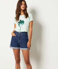 T-shirt Imprimé Palmier 100% Coton BLEU CIEL