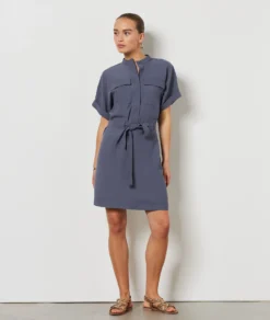 Kleid Mit Bindegürtel BLAUGRAU -Jane Kleidung Geschaft 654211621 6