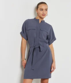 Kleid Mit Bindegürtel BLAUGRAU -Jane Kleidung Geschaft 654211621 b