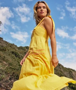 Kleid Mit Trägern Und Stickerei-Details GELB